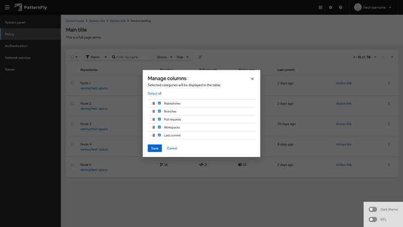 Column management modal screenshot